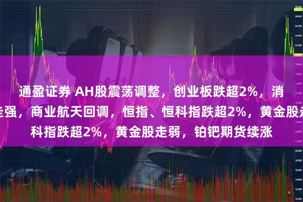 通盈证券 AH股震荡调整，创业板跌超2%，消费、智能驾驶逆势走强，商业航天回调，恒指、恒科指跌超2%，黄金股走弱，铂钯期货续涨